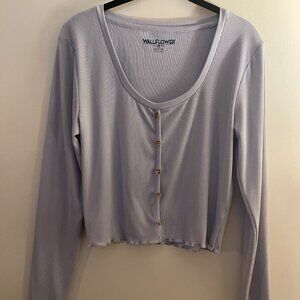 Wallflower Clothing Cute Long Sleeve Blue ribbed crop top with buttons, XL